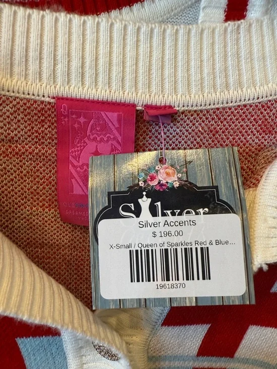 QUEEN OF SPARKLES Red, White & Light Blue Medical Supply Cardigan - Picture 2 of 3